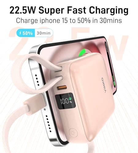 VINKO Small Power Bank with Built-in Cable,10000mAh Fast Charging Power Bank, 22.5W USB C Portable Charger, Mini Battery Pack for iPhone 16 15 14 13 Samsung Galaxy Google Android (Pink) — view 4