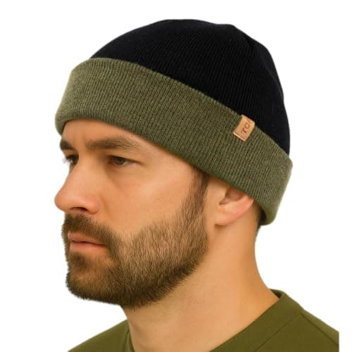 TOP-EX Fisherman Beanie 80% Merino Wool Warm Knit Black & Army Green XL/XXL