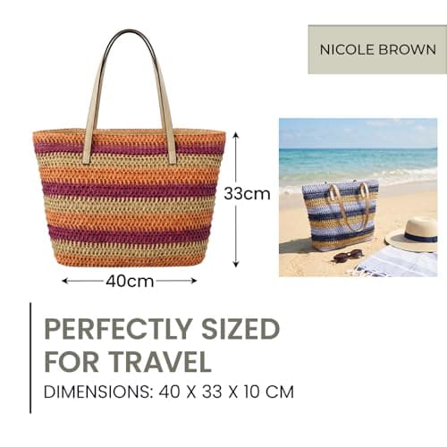 Nicole Brown Women's Straw Tote Bag Blue Multi – Woven Summer Beach Bag with Zip Closure & Interior Pocket, Lightweight Holiday Shoulder Shopper for Travel, Shopping & Beach Days — view 5