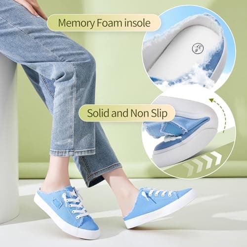BENPAO Women's Mules Slip on Sneakers White Canvas Shoes Loafers, Denim Blue, 5 UK — view 6