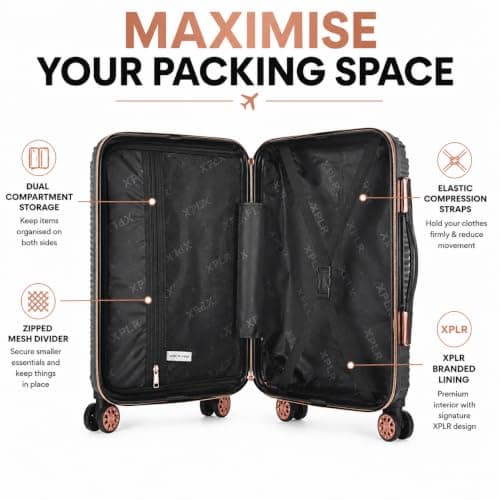 XPLR 4 Piece Hard Shell Luggage Set - Durable ABS Lightweight Suitcase - 14" 20" 24" 28" Cabin Carry On - TSA Lock - 360° Spinner Wheels - Rose Gold Trim & Vanity Case (Midnight Noir) — view 5