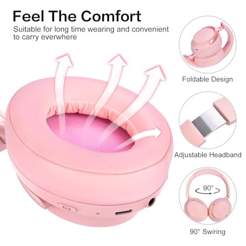 RORSOU B8 Bluetooth Headphones Over Ear, 6 EQ Music Modes and 50H Playtime Deep Bass Wireless Headphones with Mic, Lightweight Folding HiFi Stereo Headset for iPad/Travel/Tablet/PC/Home Pink — view 3