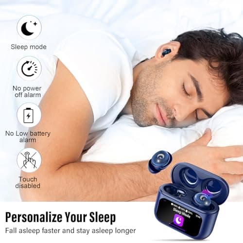 Wireless Earbuds with Smart Touch Screen, 2026 Mini Sleep Earbuds Bluetooth 5.4 Headphone In Ear with Noise Cancelling Mic, 48Hrs Playtime Hi-Fi Stereo Sound, 5 EQ Modes/IP7 Waterproof Ear Buds Blue — view 2