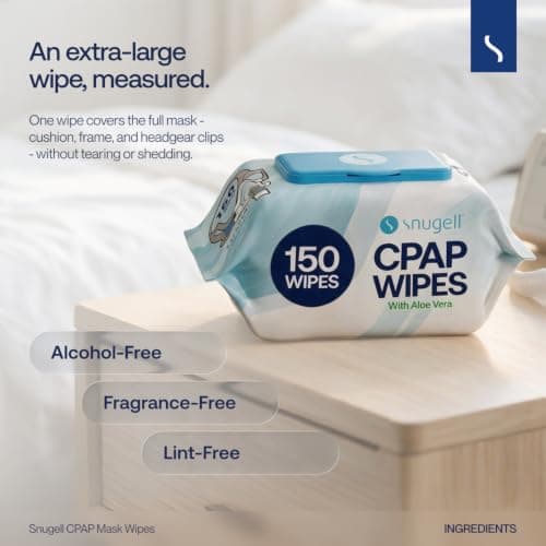 Snugell Unscented Travel CPAP Mask Wipes Antibacterial (150 Count) –100% Soft Cotton– Lint & Alcohol-Free,Skin Safe with Aloe Vera – Easy Opening CPAP Cleaner and Sanitizer for Masks, Tubes & Devices — view 5