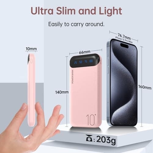 Portable Charger 10000mAh Slim USB C Input and Output Power Bank with LED Display Lightweight External Battery Pack Compatible for iPhone 14/13/12, iPad, Samsung etc. (pink) — view 6