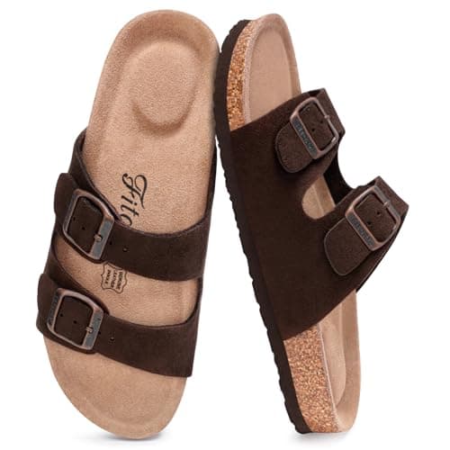 FITORY Women's Flat Sandals, Cork Footbed Slides Suede Brown Size 6