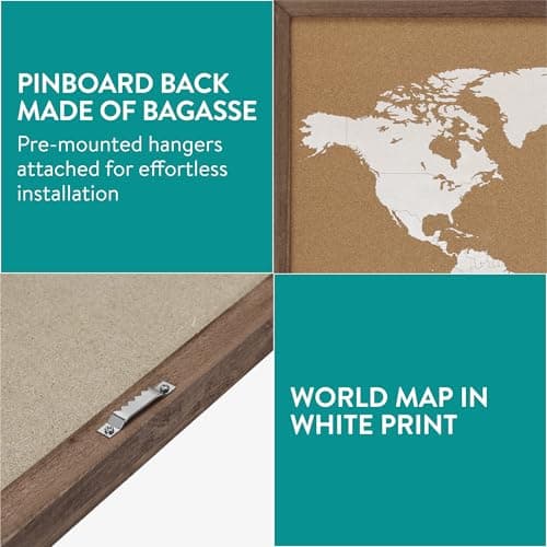 Navaris Cork World Map Pinboard Wood Frame - Cork Board World Map Poster - Large Travel Map with Pins - Cork Boards for Walls Bedrooms Offices - Map of the World Wall Art Pin Board — view 3