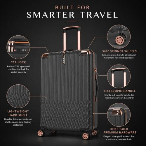 XPLR 4 Piece Hard Shell Luggage Set - Durable ABS Lightweight Suitcase - 14" 20" 24" 28" Cabin Carry On - TSA Lock - 360° Spinner Wheels - Rose Gold Trim & Vanity Case (Urban Graphite) — view 4