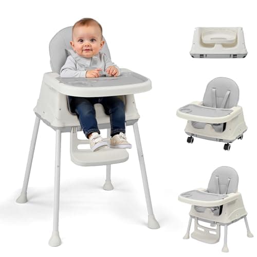 LALAHO 3-in-1 Baby High Chair W/ 5-Point Harness and Locking Wheels, Grey