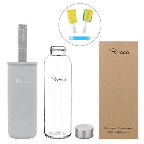 RYACO Glass Water Bottle 550ml/18oz,Borosilicate Glass Bottle with Neoprene Protective Case for Hot Cold Drinks,BPA-Free Leak Proof,Sport Water Bottles with Sponge Brush,Dishwasher Safe — view 5