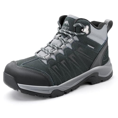 OUTJET Men's Waterproof Hiking Boots Lightweight Comfortable Leather Mid Ankle Outdoor Trekking Boot