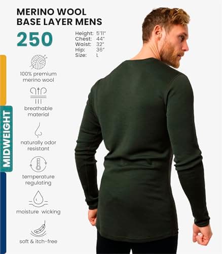 Merino.tech Merino Wool Base Layer Men - 100% Merino Wool Long Sleeve Thermal Shirts Midweight (X-Large, 250 Army Green) — view 2