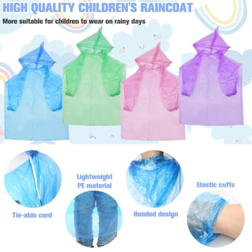 ZOCONE 8 Pack Multicolor Rain Poncho Kids Disposable Ponchos for Girls Boys, Waterproof Poncho Kids Plastic Rain Ponchos for Outdoors — view 3
