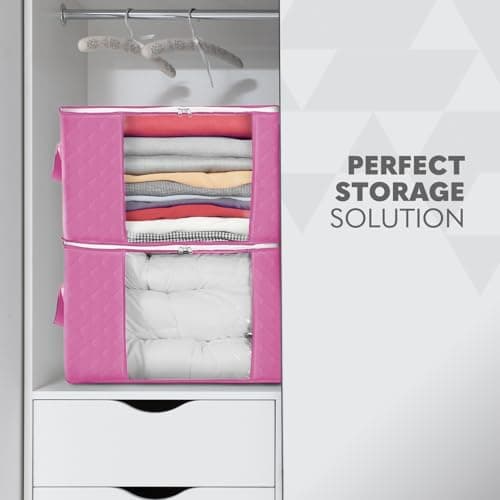 Delka 90L Storage Bags with Lids, Large Storage Boxes with lids, Storage Unit for Clothes, Blankets, Toys, Pack of 3 Foldable Organizers with Reinforced Handles and Clear Window (Dusty Pink, 90L) — view 4