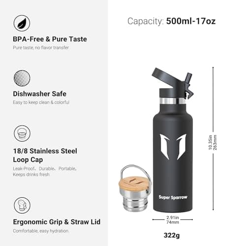 Super Sparrow Stainless Steel Water Bottle - 500ml - Vacuum Insulated Metal Water Bottle - Standard Mouth Flask - BPA Free - Straw Water Bottle for Gym, Travel, Sports — view 3
