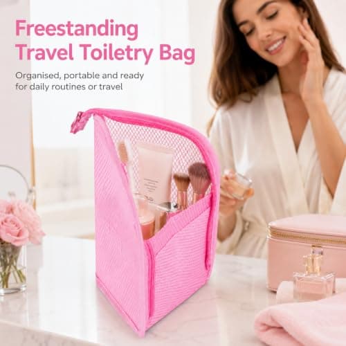 Water Resistant Standing Travel Toiletry Bag - Portable Makeup Organiser with Toothbrush Holder, Inner Compartments & Elastic Straps, Lightweight Foldable Wash Bag (Pink) — view 4