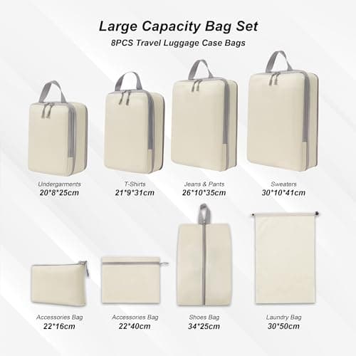 White Hawk 8-Pcs Compression Packing Cubes for Suitcases – Waterproof Diamond Polyester, No Mesh, Space-Saving Luggage Organiser, Travel Bags for Suitcases, Backpacks & Carry-Ons (Beige) — view 3