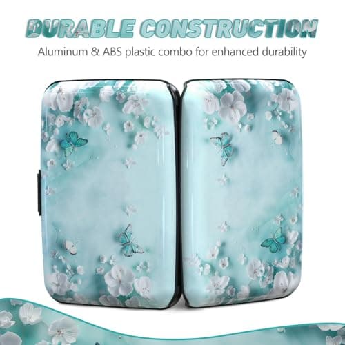 Credit Card Holder, Mini RFID Small Aluminum Card Wallet, Blocking Slim Metal Business Card Case, RFID Blocking Front Pocket Wallet Hard Case Durable CC Holder for Women Girls, Green Teal Butterfly — view 5