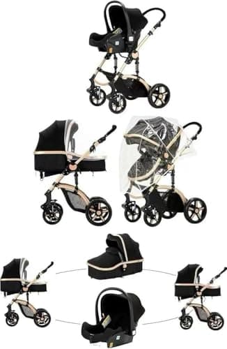 Baby Buggy, Baby Pram, Pushchair, 3 in 1 Travel System, Foldable Stroller, Lightweight Folding All in One Stroller, Portable Baby Carriage for Newborns and Toddlers, Aluminium Frame, Black - Rose Gold — view 2