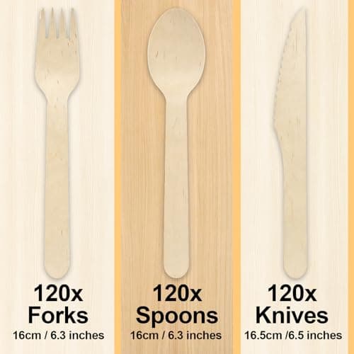 ZBXSNK 360Pcs Reusable Wooden Cutlery Set - Biodegradable Compostable Cutlery Set with 120 Spoons, 120 Forks & 120 Knives, Party Bamboo Cutlery for Picnic Camping Wedding — view 2