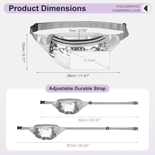 DTGN Sequined Fanny Pack for Women, Cute Waist Belt Bag, Crossbody Bag Water Resistant Fashion Small Bum Bag with Adjustable Belt for Running Hiking Shiny Silver — view 2