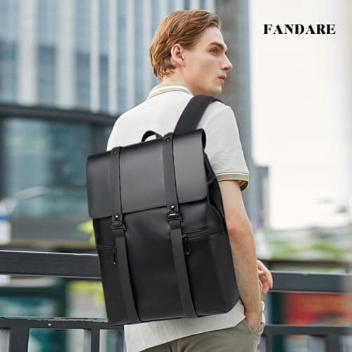 FANDARE Men Laptop Backpack Business Daypack Boy College School Bag Waterproof PU Leather Rucksack Teacher Travel Bags Lightweight School Bag for College Sports Stylish Bookbag Black — view 2