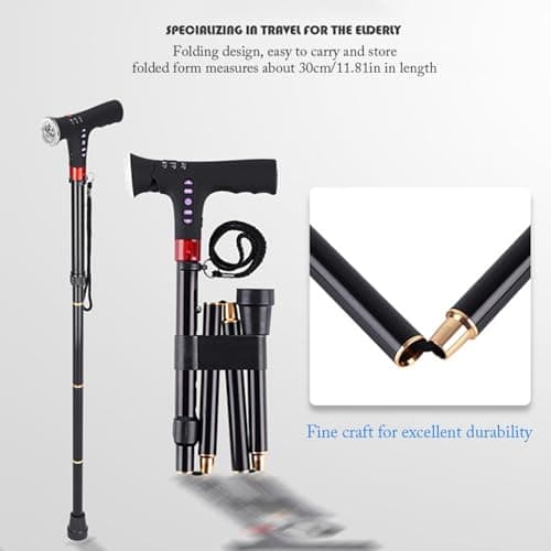 Walking Stick - Folding Cane With LED Light | Foldable Walking Stick With With Alarm Led Light Radio | Anti-slip Rubber Base Adjustable Walking Stick | Walking Sticks For Seniors, Travel, Old Age — view 6
