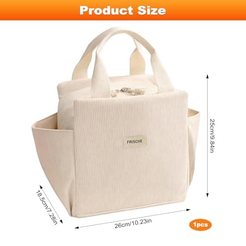 LoNinLoAn Corduroy Lunch Bag for Women, Large Insulated Food Tote, 13.5L — view 3