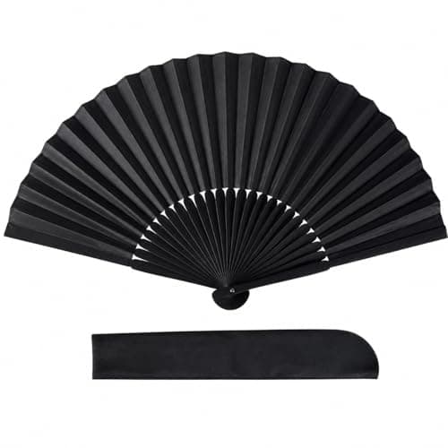 Qabonl Black Folding Hand Fan with Protective Sleeve, Classic All-Black Foldable Fan, Compact Portable Handheld Fan for Parties, Travel, Events and Everyday Use