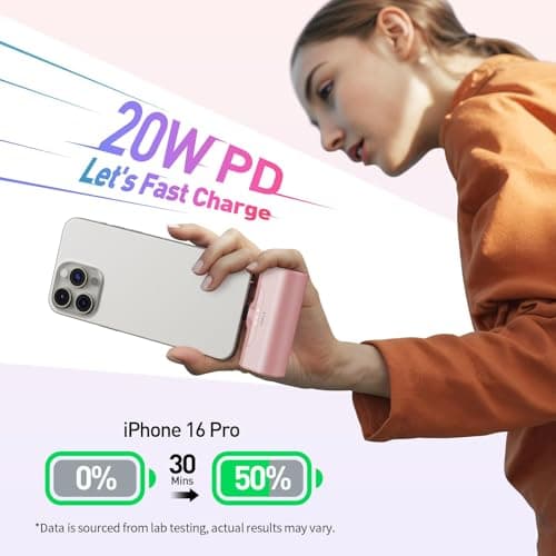 iWALK Mini Portable Charger 4500mAh,USB-C 20W Power Bank with Fast Charging,Compatible with iPhone 17 Pro Max/16 Pro/16/15,Samsung Galaxy S24 S23 Series,LG,HONOR,AirPods and More,Pink — view 2