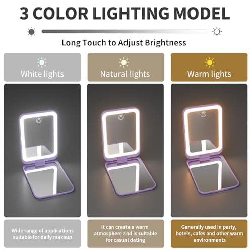 Kintion Pocket Mirror, Rechargeable 1X/3X Compact Mirror with Light, Purple — view 6