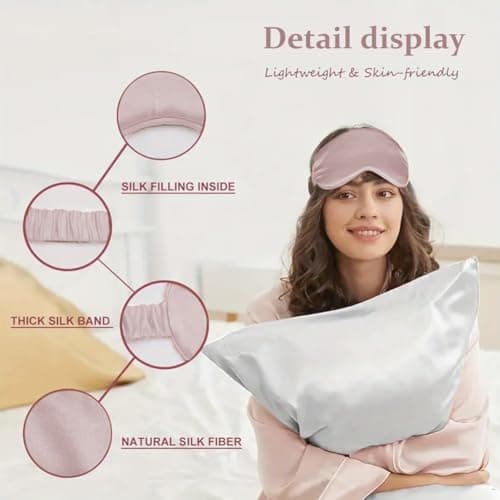 2 Pack Satin Sleep Masks, 3D Contoured Eye Masks for Sleeping, Soft Light Blocking Blindfold with Adjustable Elastic Strap, Comfortable Eye Cover for Travel, Nap & Meditation, Light Pink — view 6