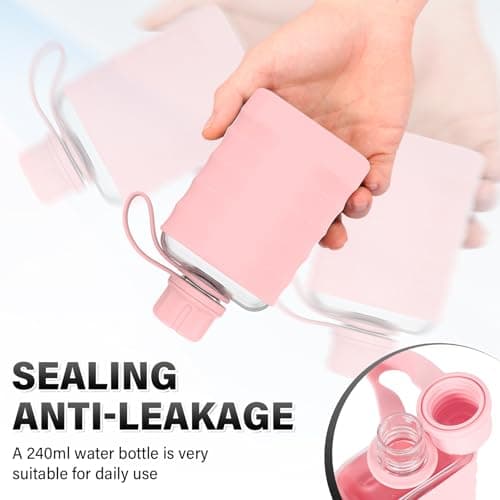 2Pack Slim Flat Water Bottle, 240ml Mini Portable Travel Liquor Flask with Silicone Sleeve, BPA Free Clear Small Flask, Leakproof Pocket Drinking Bottle for Alcohol, Juice, Gym & Office (Pink) — view 4