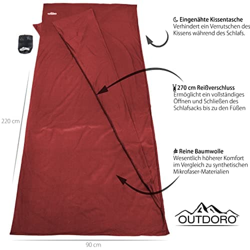 Outdoro Travel Sleeping Bag, Ultra-Light Travel Sleeping Bag, Only 350 g Made of Pure Cotton with Pillow Compartment Thin & Small Lining, Travel Sheet, red — view 3