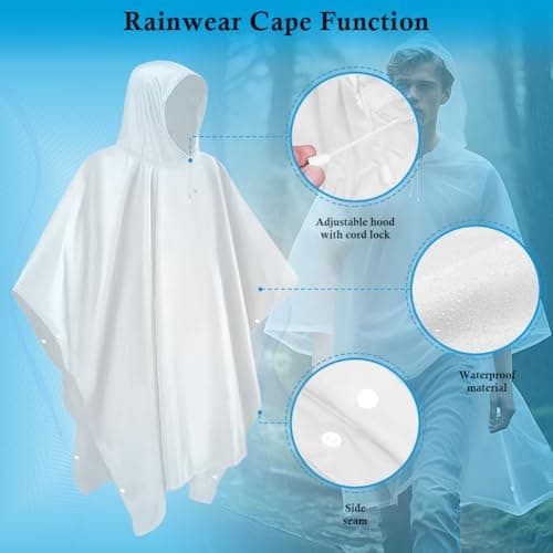 lohey Rain Poncho, Reusable Rain Poncho Waterproof Adult Emergency Waterproof Jacket Women Men EVA Raincoat with Hood and Sleeves for Camping, Fishing, Theme Parks, Festivals (White) — view 5