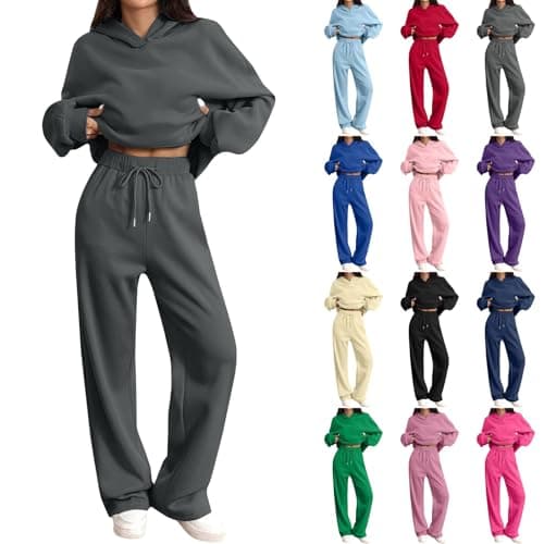 Tracksuit Womens Full Set Oversized 2 Piece Outfits Long Sleeve Hoodie and Sweatpants Women Lounge Wear Sets Fashion Sweatsuits Wide Leg Jogger Loose Loungewear Gym Fitness Activewear Set Dark Gray M