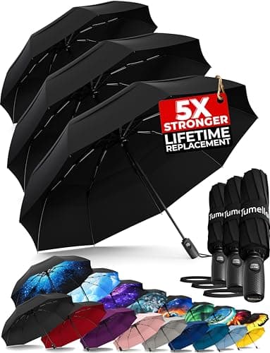 TUMELLA Strongest Windproof Travel Umbrella (Compact, Superior & Beautiful), Small Strong but Light Portable and Automatic Folding Rain Umbrella, Durable Premium Grip, Fits Car & Backpack Triple Black