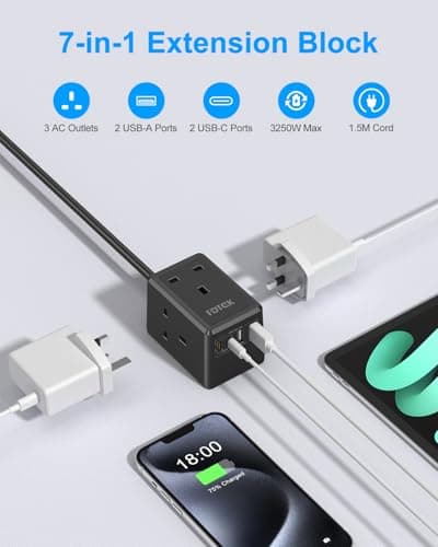 Extension Lead with USB C Slots, FDTEK Mini Plug Extension Cube with 3 way Outlets and 4 USB Ports, Travel Extension Socket with 1.5M Cord, UK Mountable Power Strip for Home Office Cruise-Black — view 2
