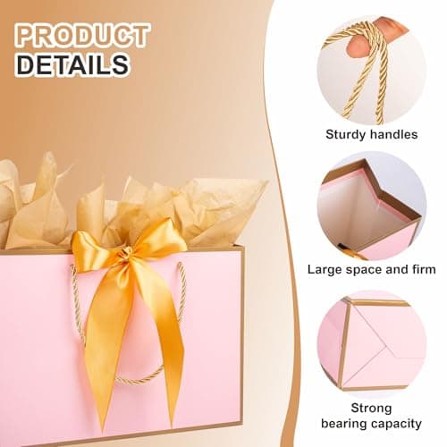 Pink Gold Gift Bags with Handles, 3pcs Medium Paper Present Bags with Bow Ribbon Tissue Papers and Greeting Cards, 28 * 20 * 10cm Gift Bag for Christmas Birthday Wedding Valentines Bridesmaid — view 3