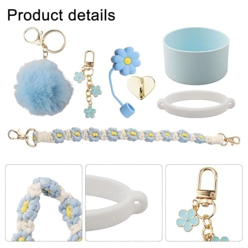 Qualoramall 7 PCS Silicone Cup Holder Accessories with Wool Ball Pendant and Flower Charm Strap for 40oz 30oz Water Bottle Tumbler(blue) — view 5