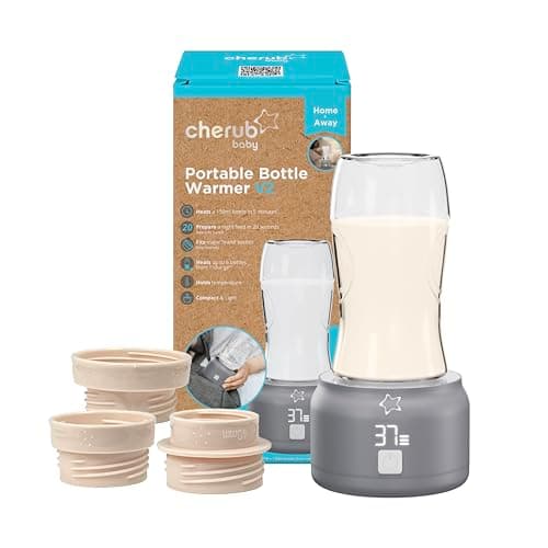 Cherub Baby Portable Travel Bottle Warmer | Warms Breast Milk to Body Temperature with One Press | Cordless USB Rechargeable | Includes 3 Adaptors (Fits Tommee Tippee, MAM)