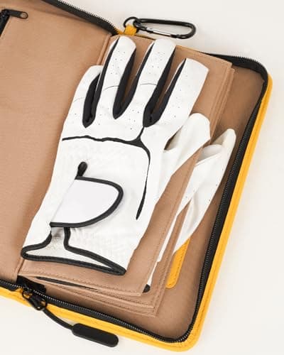 LZFAN Golf Glove Holder Case for Accessories Portable Golfer Gifts for Men & Women Caddy Organizer Case with Storage Slots for Cards, Tees & Ball Markers Embroidered Beer Bear, Yellow — view 3