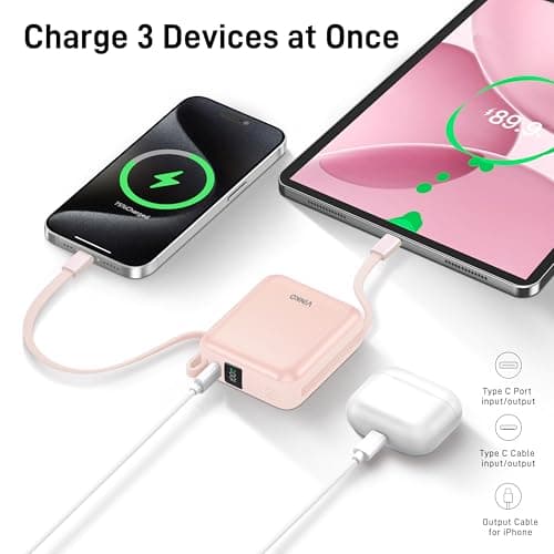 VINKO Small Power Bank with Built-in Cable,10000mAh Fast Charging Power Bank, 22.5W USB C Portable Charger, Mini Battery Pack for iPhone 16 15 14 13 Samsung Galaxy Google Android (Pink) — view 5