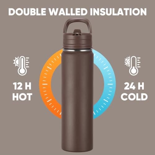 Fijinhom 24oz Insulated Stainless Steel Water Bottle with Straws, Double Wall Vacuum Insulated Bottles, Metal Thermo for Travel, Sports, Leak-Proof, BPA Free, Women & Men, Brown — view 6