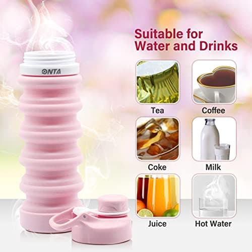 ONTA Collapsible Water Bottle- BPA Free Silicone Foldable Water Bottle for Travel, FDA Approved Food-Grade Silicone Portable Leak-Proof Travel Water Bottle, 20oz Pink — view 6