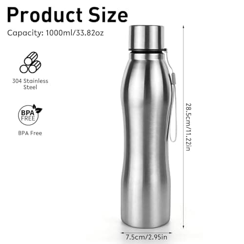 ICEBLUEOR 1000ml Water Bottle Stainless Steel, Leak Proof Portable Non Insulated Single Wall Metal Water Bottle with Carry Handle, Ideal For School Office Gym Travel & Sports Travel Essentials — view 2