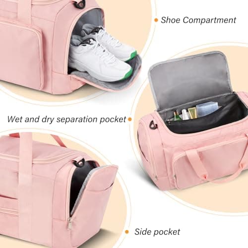 Sports Gym Bag Duffle Bag with Shoes Compartment for Womens Mens, CS COSDDI Weekend Travel Bag Overnight Bag with Wet Pocket, Luggage Bag Hospital Bag Holdall Bags with Shoulder Strap Backpack (Pink) — view 3