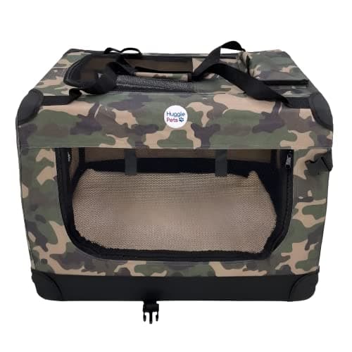 HugglePets Foldable Fabric Pet Crate Carrier - Green Camo (Large 70 x 52cm) Lightweight & Ventilated Double Door Carrier for Dogs & Cats with Sheepskin Mat. Ideal for Home & Travel.