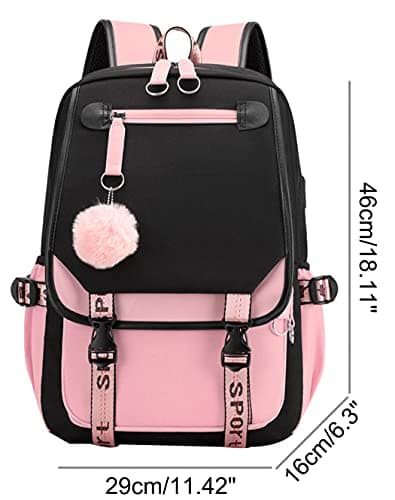SellerFun Teenage girls' Backpack Middle School Students Bookbag Outdoor Daypack With USB charge Port (4# Black Pink, 21 Liters) — view 2