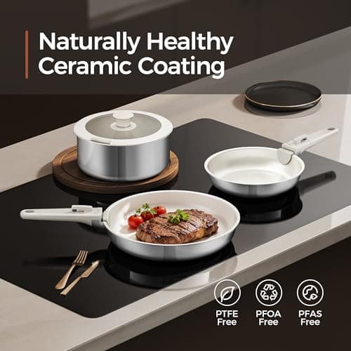 naturepan 16 PCS Ceramic Cookware Set, Stainless Steel Exterior Pots and Pans Set Non Stick, 10x More Durable Super Ceramic Coating, for Induction Hob Pan Set (Beige White) — view 2